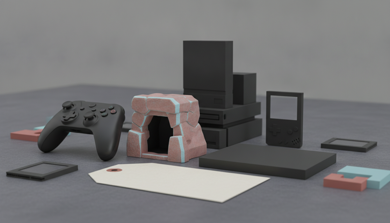 A black game controller, a pink rock arch, stacked black blocks, a small handheld device, and several flat rectangular pieces on a gray surface.