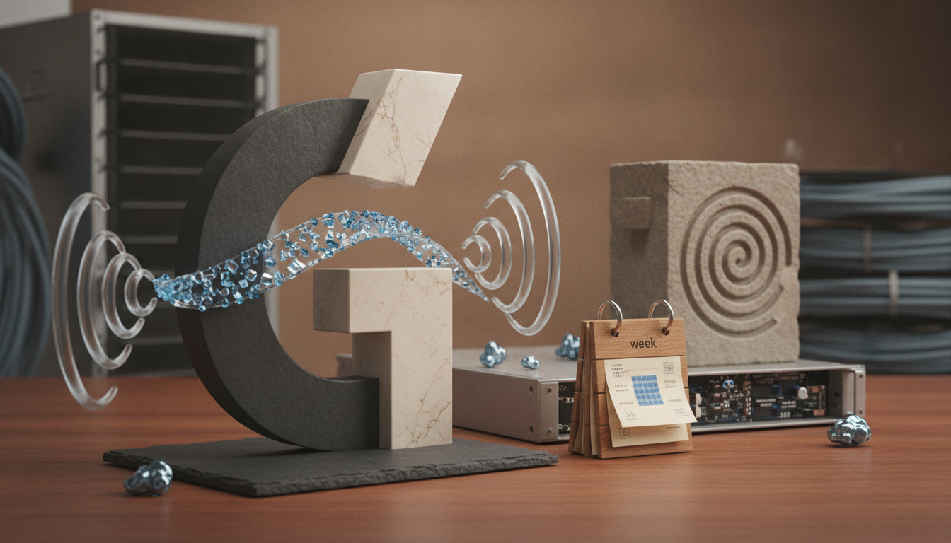 A large stylized letter G with blue crystal band, spiral blocks, a small desk calendar, and scattered metallic pieces on a wooden surface.