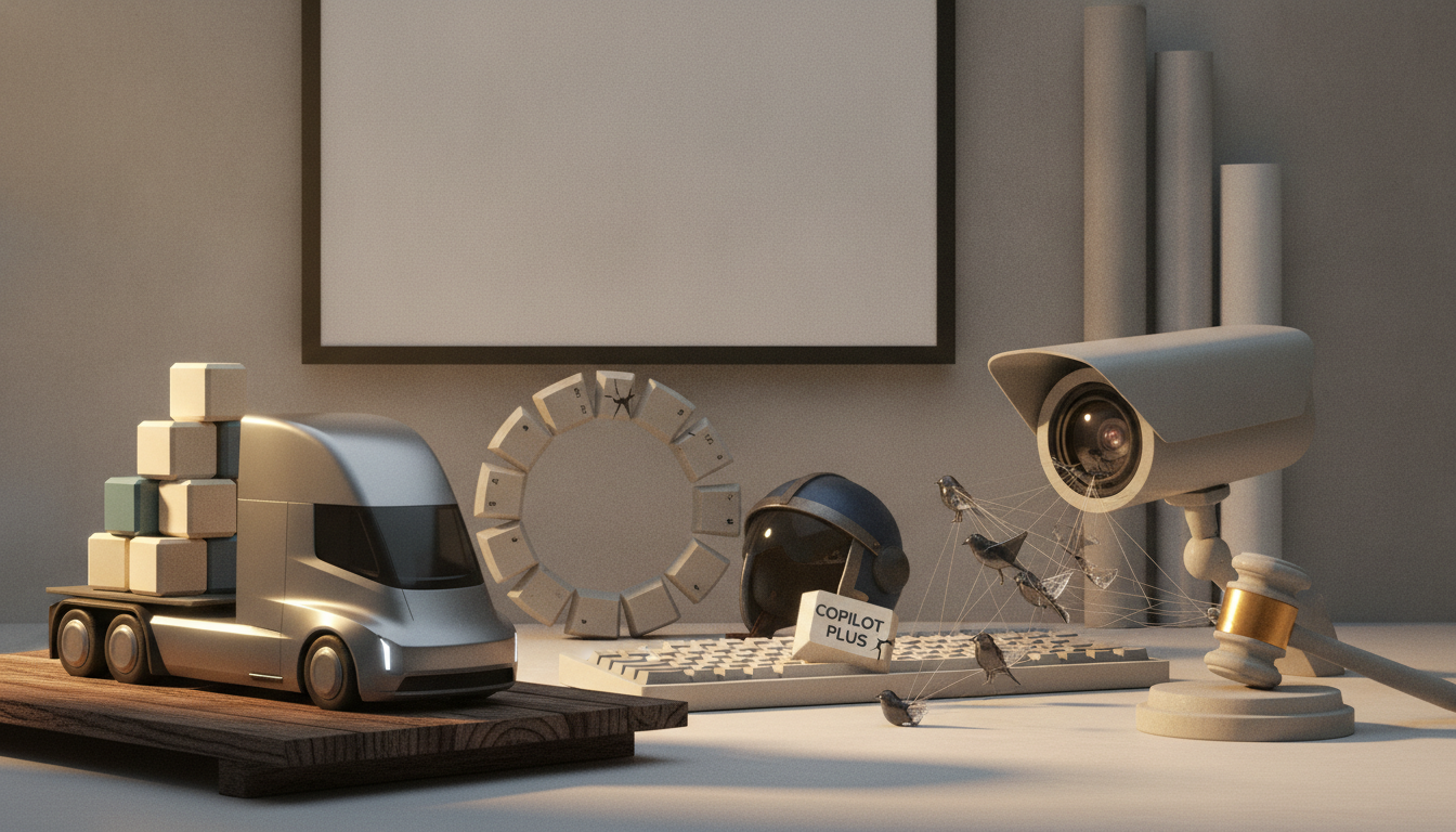 A silver truck, a circular display, a keyboard, a security camera, and a gavel sit on a tabletop with small birds and web strands.