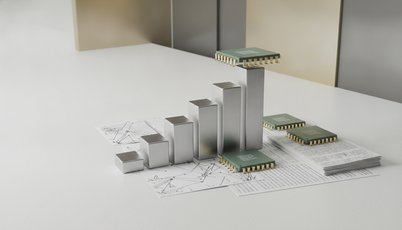 Metallic bars rise in a stepped pattern on papers, with several green circuit chips placed around them.