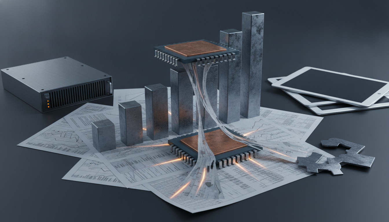 metal blocks, circuit-like components, papers with charts, stacked tablets, and a small device on a dark surface