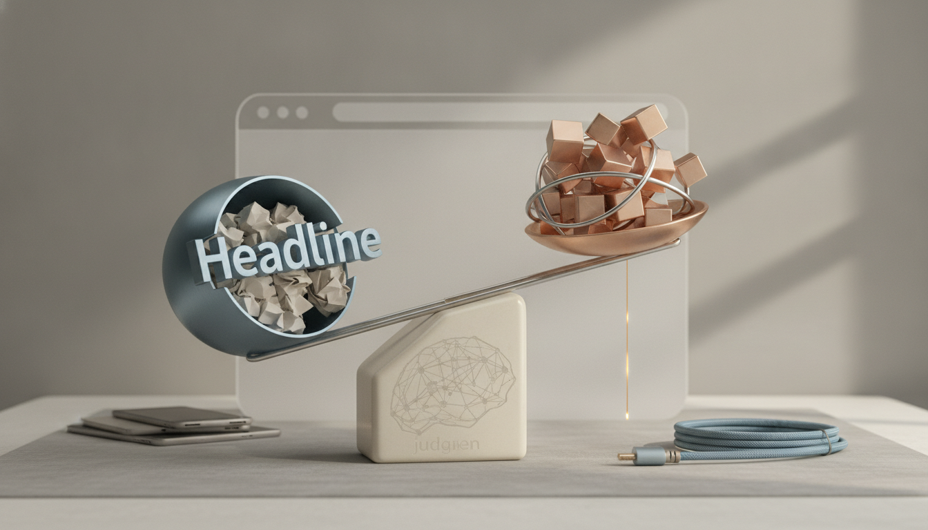 A balanced metal rod holds a blue sphere labeled Headline and a copper bowl of cubes above a small block on a tabletop.