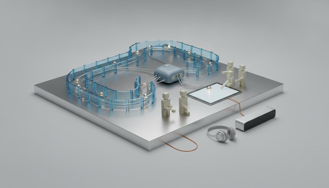 A metallic platform holds blue translucent rails, a small gray box with cables, blocky figures, a glowing panel, and headphones beside it.