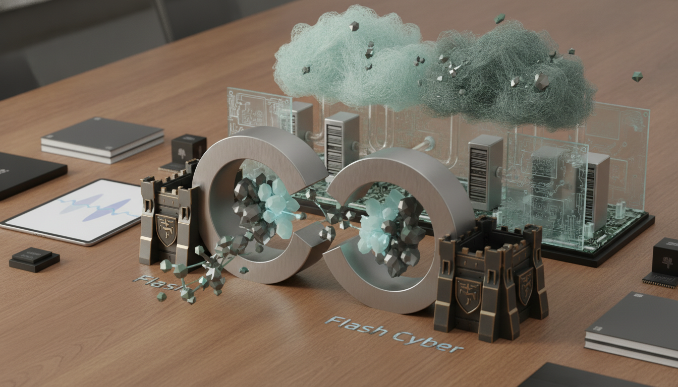 metallic rings with translucent cloud-like shapes, small block structures, and circuit board panels on a wooden surface