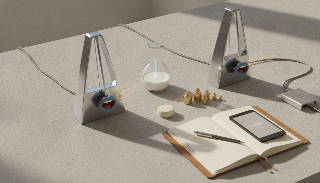 Two metal metronomes sit on a tabletop with a glass flask, small brass weights, an open notebook with a pen, and a phone.