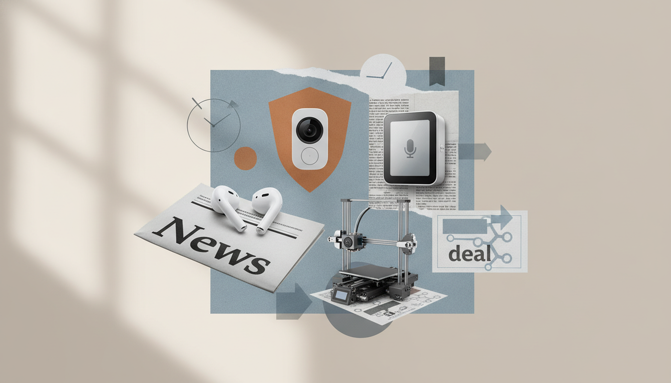 A collage of a news page, earbuds, a camera icon, a microphone screen, a 3D printer, and a deal graphic on a beige background.