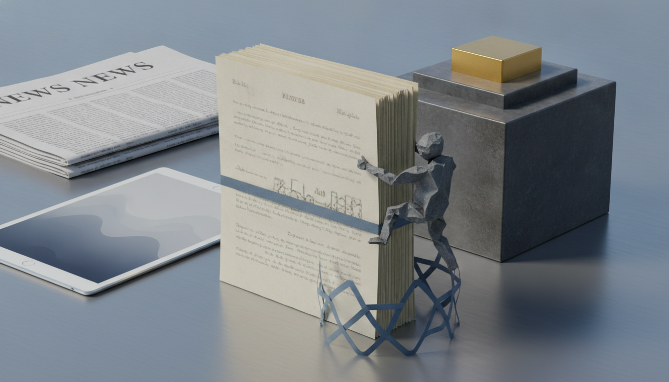a folded newspaper, a tablet, a thick book, and stacked metal blocks with a small gold block on top