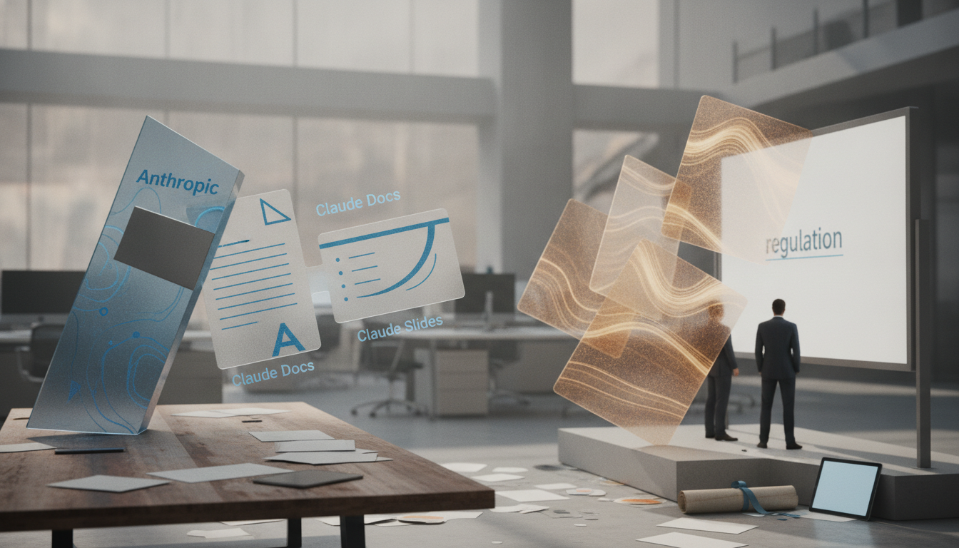 Floating blue and gold panels hover in an office beside two standing figures and a large screen.
