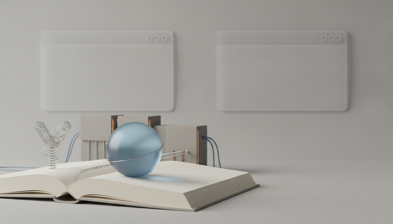 An open book sits beside a blue sphere and wire spring shapes on a clean desk with blank panels in the background.