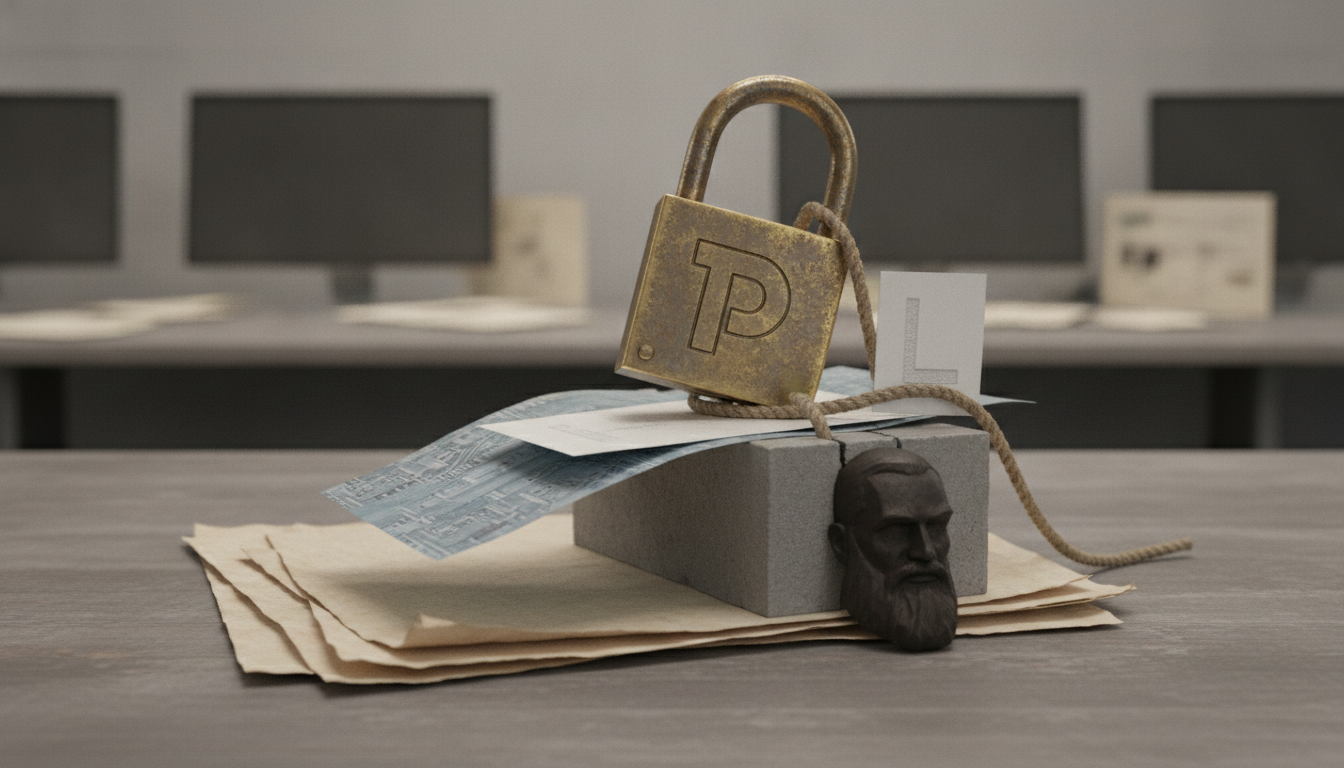 A brass padlock sits on papers and a gray block, with a rope, a small card, and a dark sculpted face nearby.