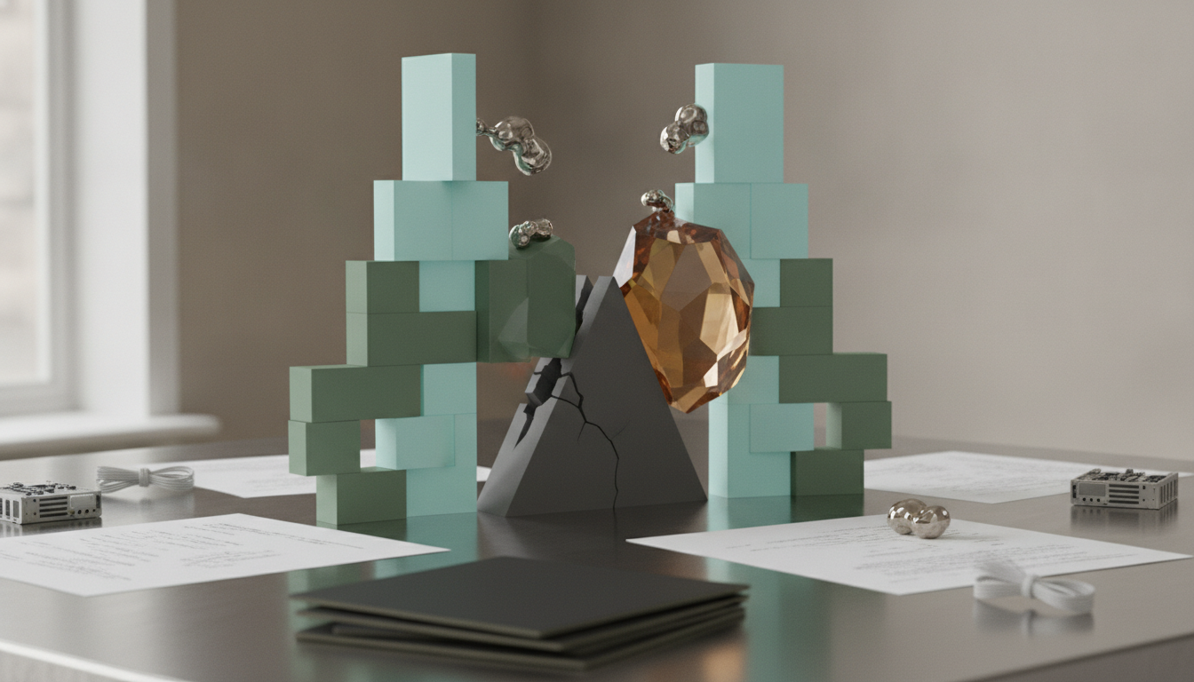 A tabletop arrangement of pastel block towers, a cracked dark pyramid, an amber faceted gem, papers, and small metallic objects.