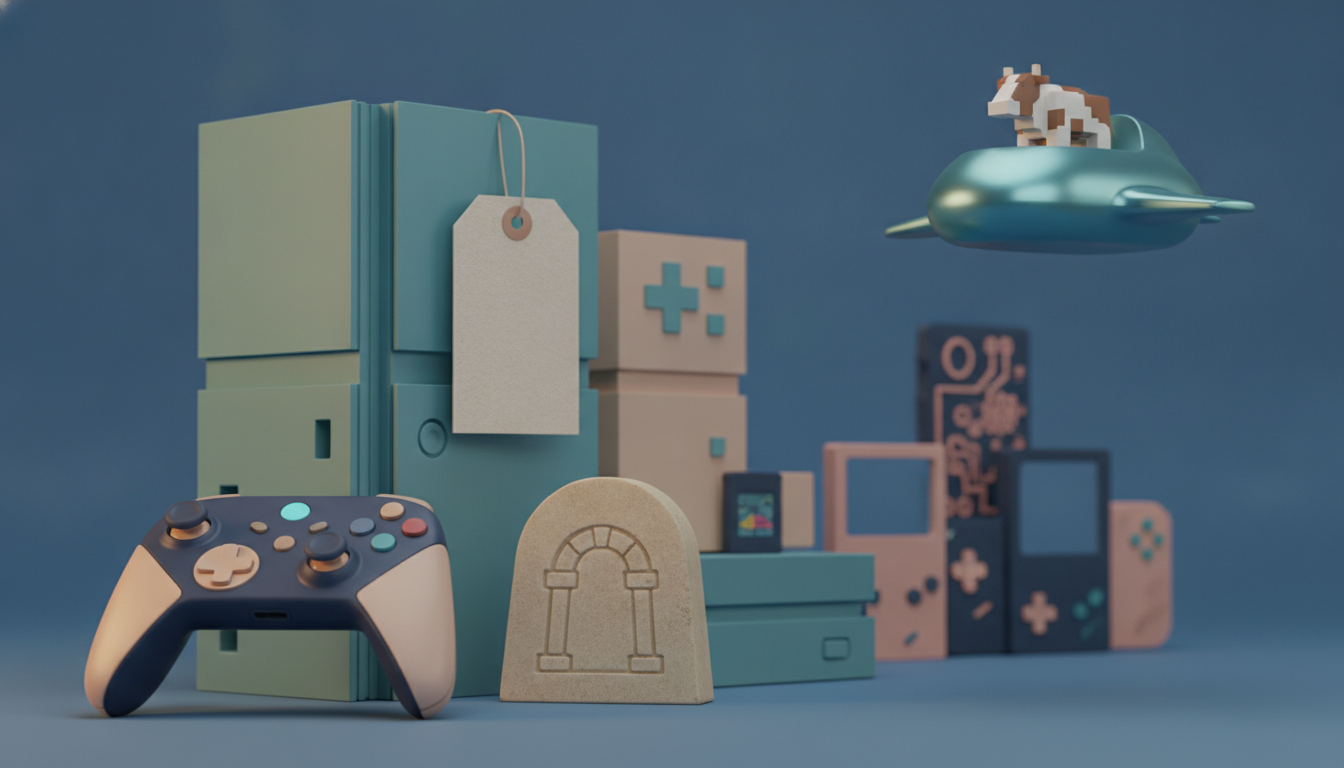 a game controller sits before stacked pastel blocks, with a small stone arch, a tiny screen, and a floating teal object with a blocky animal