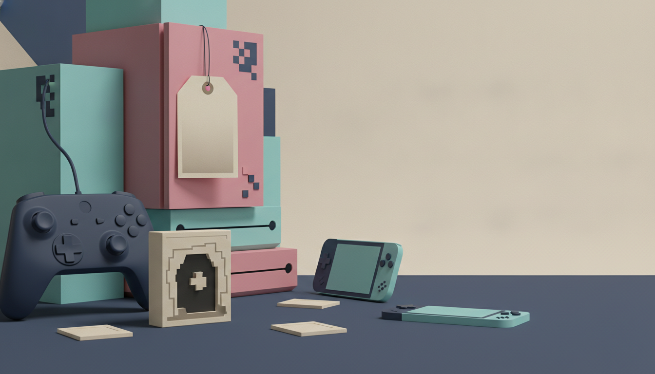 Pastel gaming consoles, a controller, and small card-like pieces arranged on a flat surface with a blank wall behind.