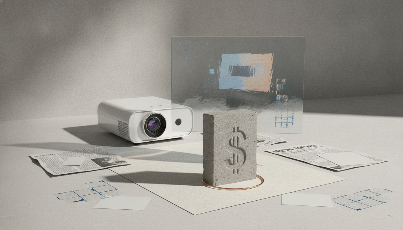 a white projector beside a concrete block with a dollar sign, scattered papers, and a translucent panel
