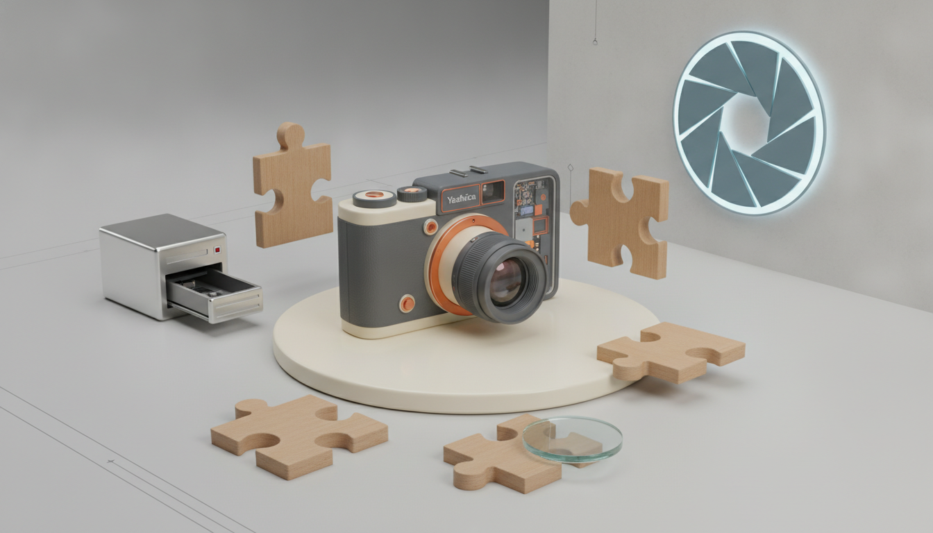 A retro camera sits on a round pedestal with wooden puzzle pieces, a small drawer, and a glowing camera shutter icon on a gray surface.