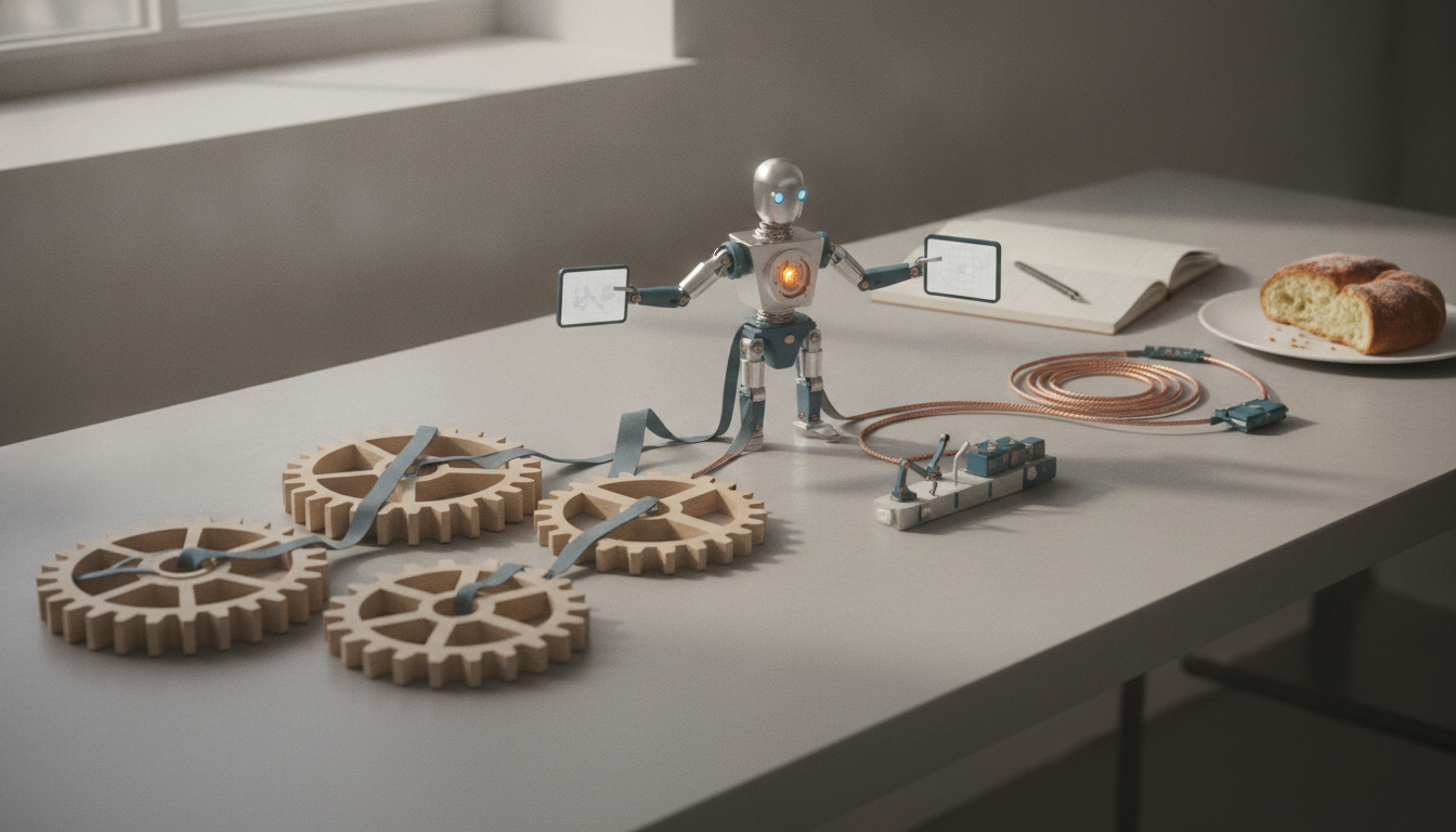 A small robot stands on a table with gears, wires, a notebook, and a plate with bread nearby.