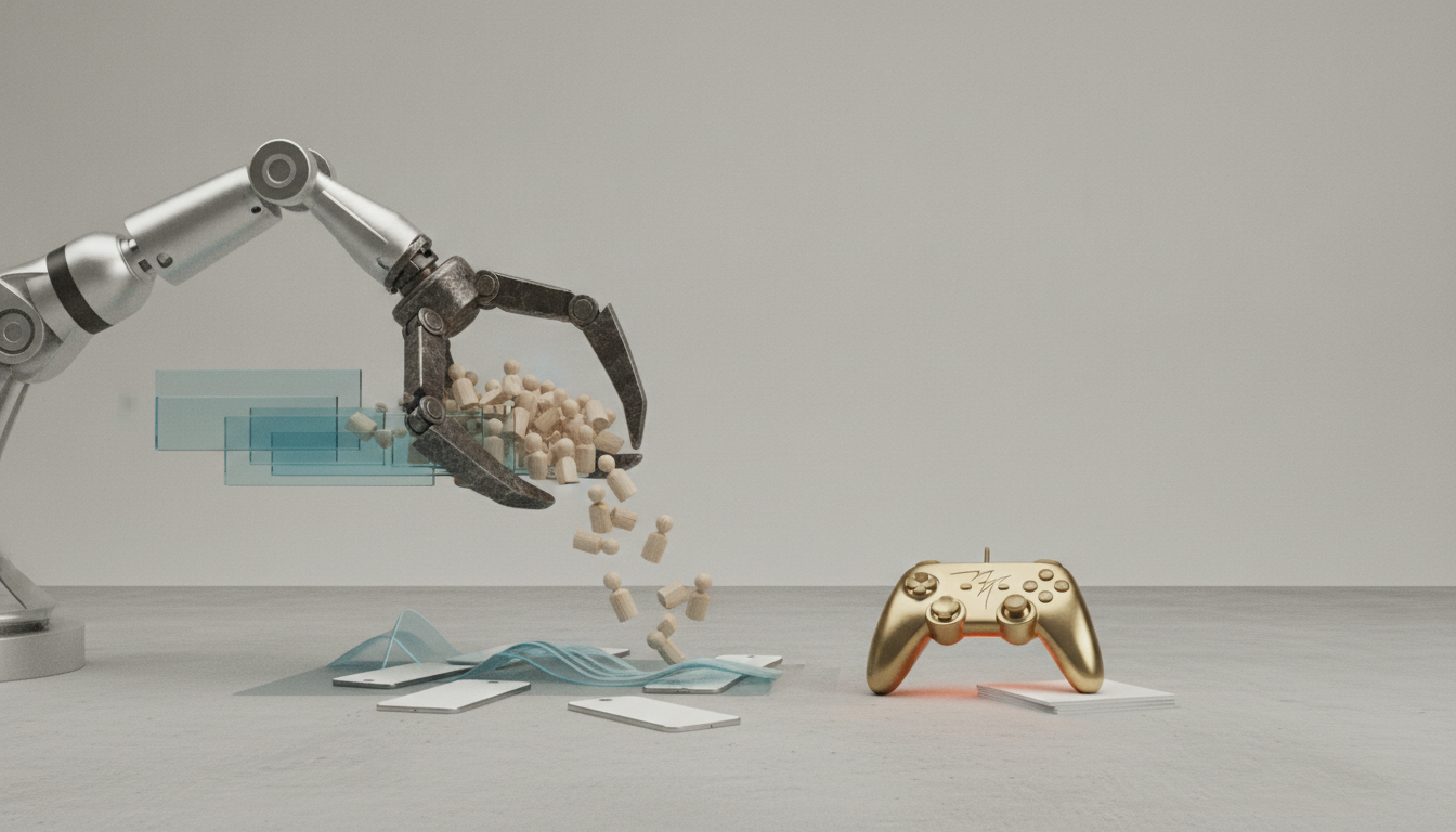 a robotic claw releases small wooden figures over translucent blue panels near a gold game controller on a gray surface