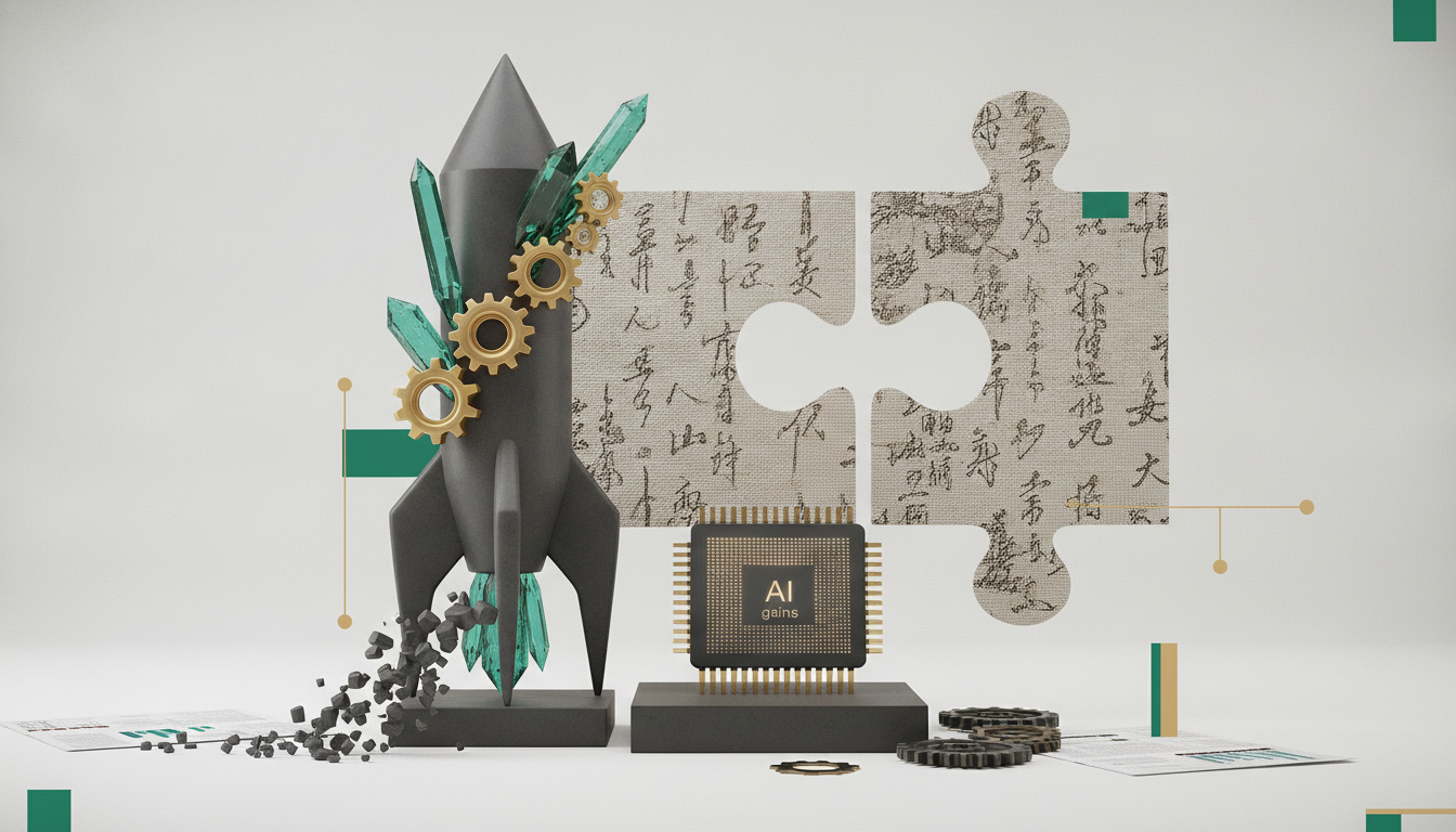 A black rocket stands beside a puzzle piece and a microchip, with green crystals, gold gears, and scattered fragments on a white surface.