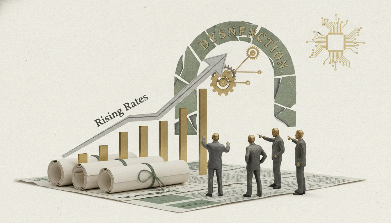rolled papers, rising bars, an upward arrow, gears, and four small suited figures standing on a sheet of paper