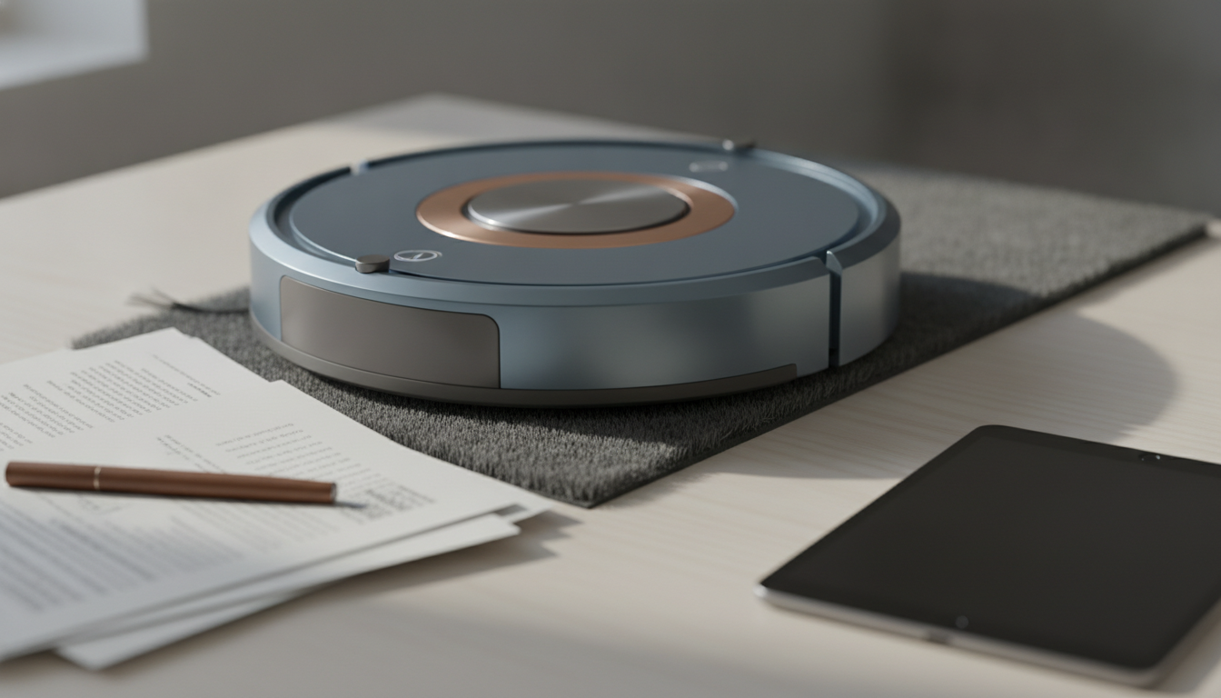 A round blue-gray device sits on a dark mat beside papers with a pen and a black tablet on a light desk.