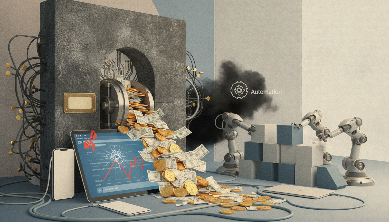 A large safe spills coins and banknotes onto the floor beside screens, cables, robotic arms, and stacked blocks.