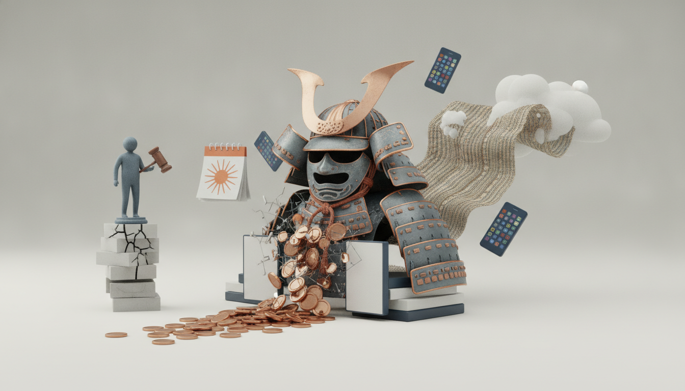 A small figure stands on cracked blocks holding a gavel beside a large samurai helmet spilling coins, with floating phones and a curled cloth ribbon nearby.