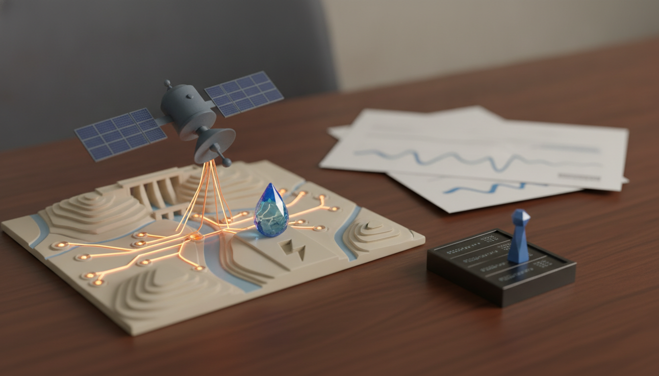 A small satellite model hovers over a glowing terrain display beside stacked papers and a small black pedestal.