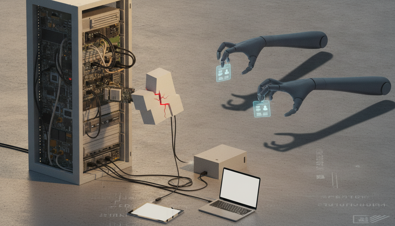 An open server cabinet with cables, two robotic hands holding small glowing cards, and a laptop and tablet on the floor.