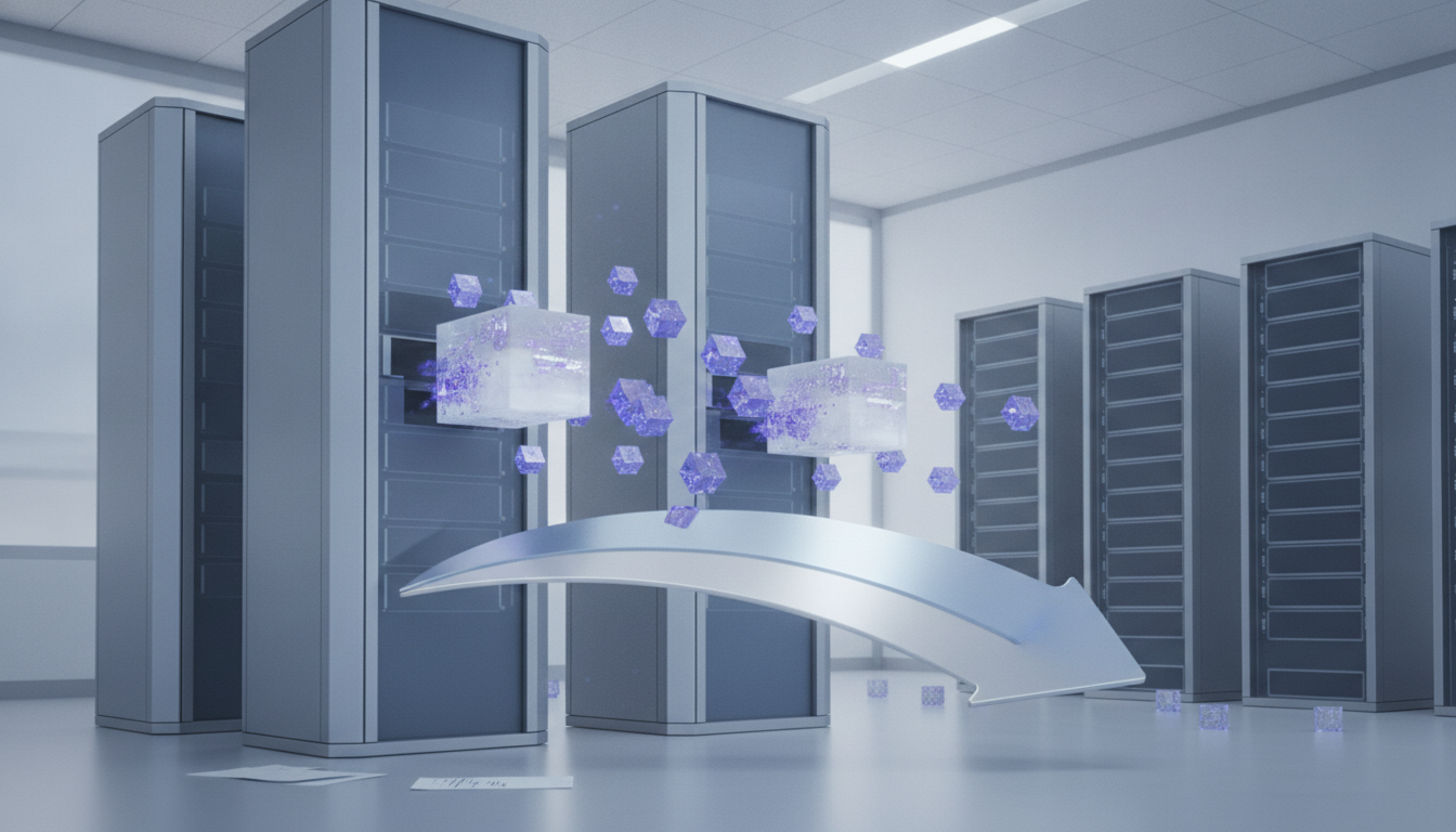 server racks surround floating translucent cubes, purple particles, and a curved metallic arrow shape