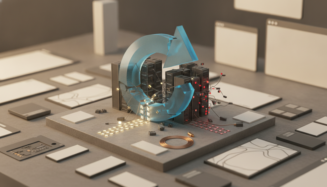 Blue circular arrows surround clustered server towers on a gray platform with glowing light paths and scattered tiles.