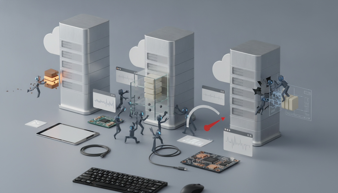 Three silver server towers stand on a gray surface with tiny figures, circuit boards, cables, a keyboard, a mouse, and floating panels nearby.
