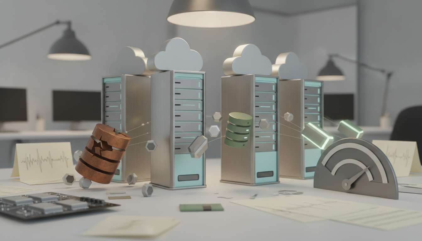 Three server towers with cloud shapes on top sit on a desk with a gauge, circuit board, papers, and hanging lamps in the background.