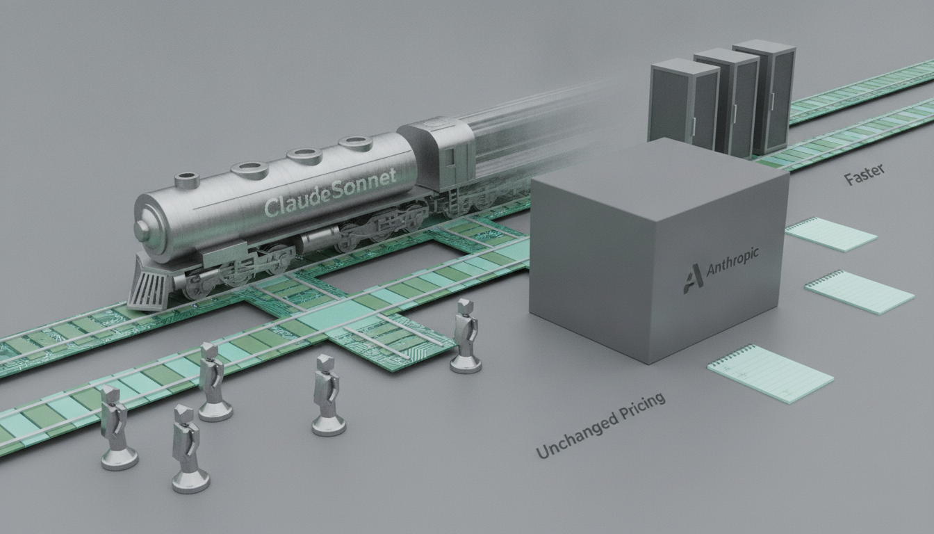 A silver train runs on mint-green tracks beside a gray cube, small chess pieces, server towers, and notebook pads.
