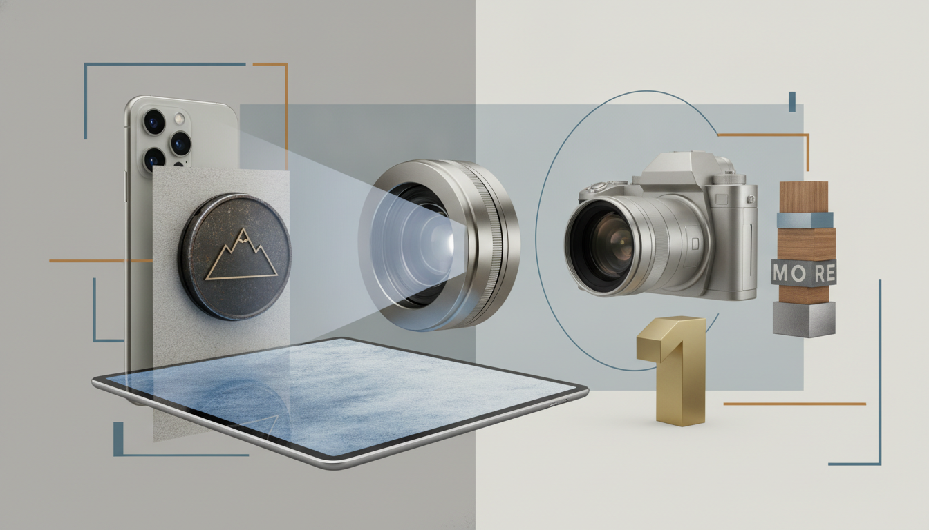 a smartphone, camera lens, camera body, tablet, and stacked blocks with geometric accents on a split gray background