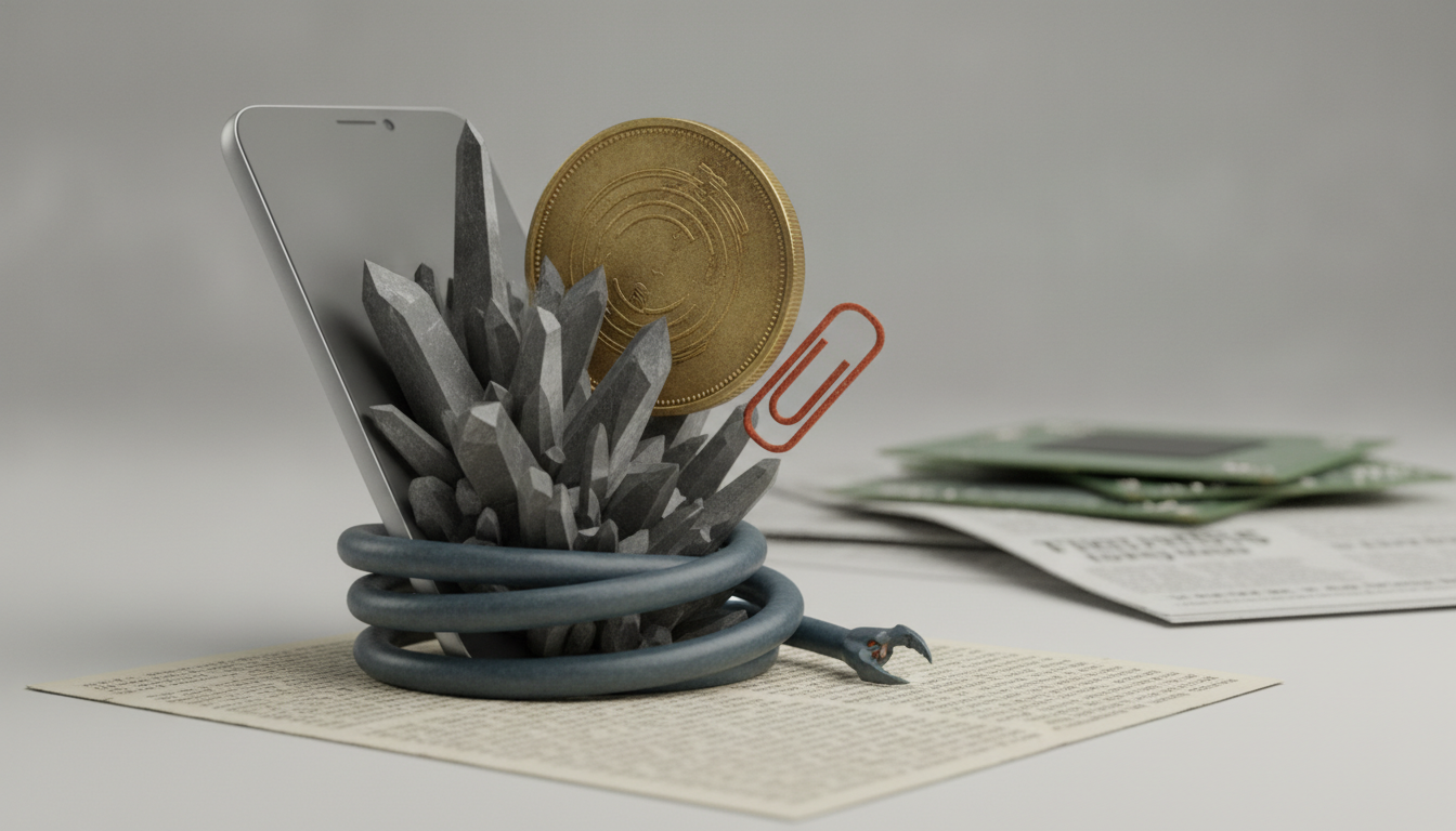A smartphone stands among gray crystals, a gold coin, a red paperclip, and a blue cable on papers.