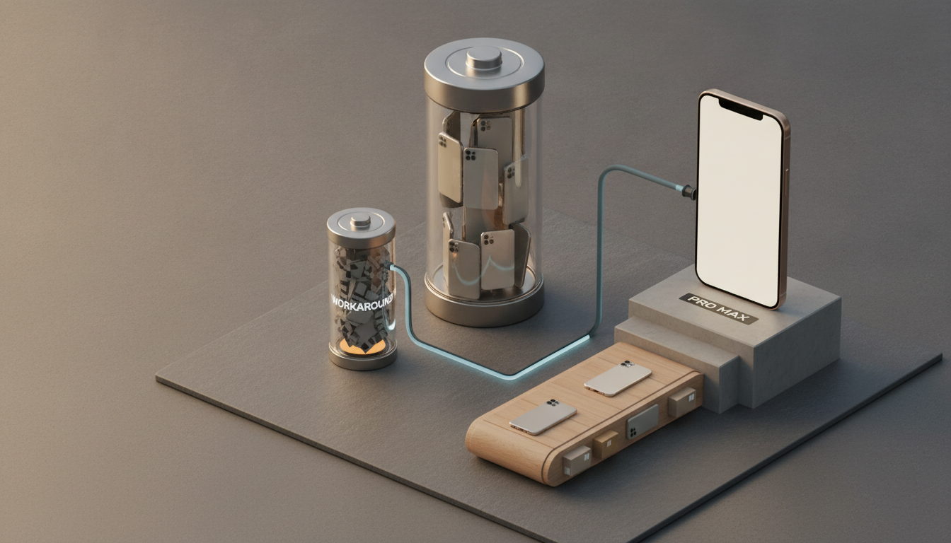 A blank smartphone stands on a stepped block beside two glass cylinders, connected by a glowing blue tube and a wooden dock with small devices.