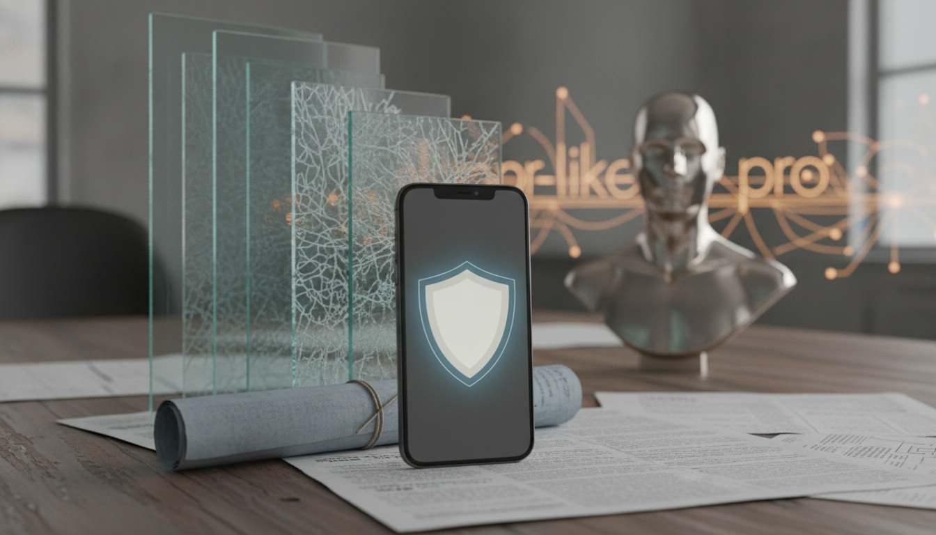 A smartphone with a shield icon stands on papers beside rolled blueprints, glass panels, and a metallic bust on a desk.
