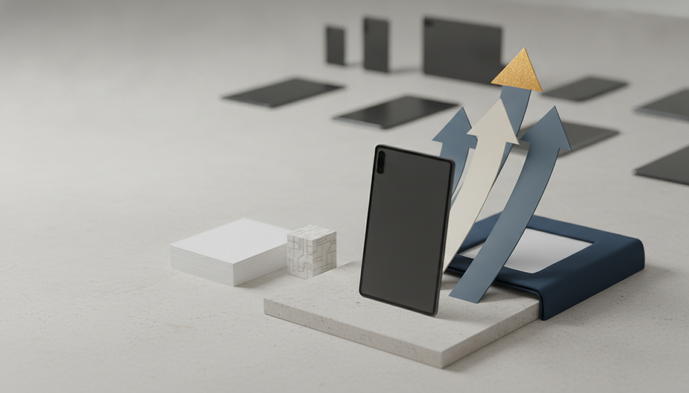 A dark smartphone stands on a white platform beside three curved upward arrows and small stacked blocks.