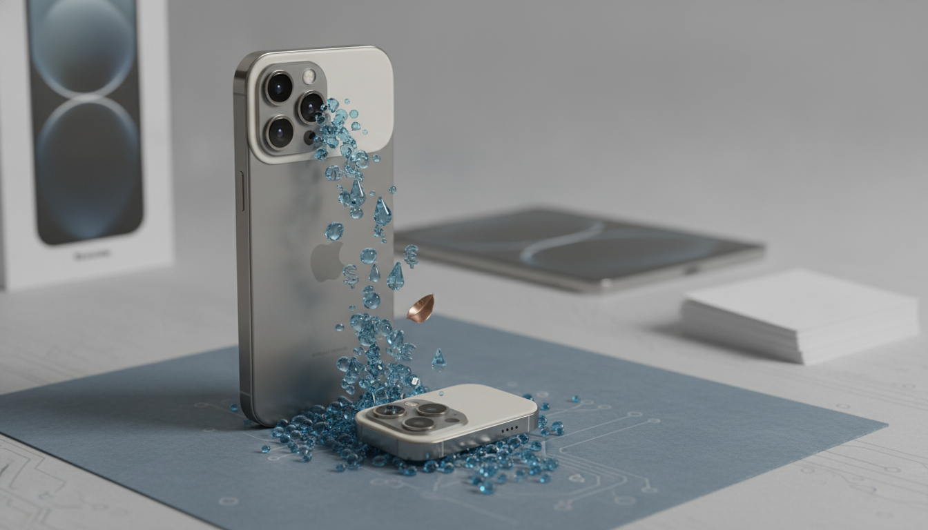 two silver smartphones stand on a blue card with blue droplets scattered around them and a small stack of white cards nearby