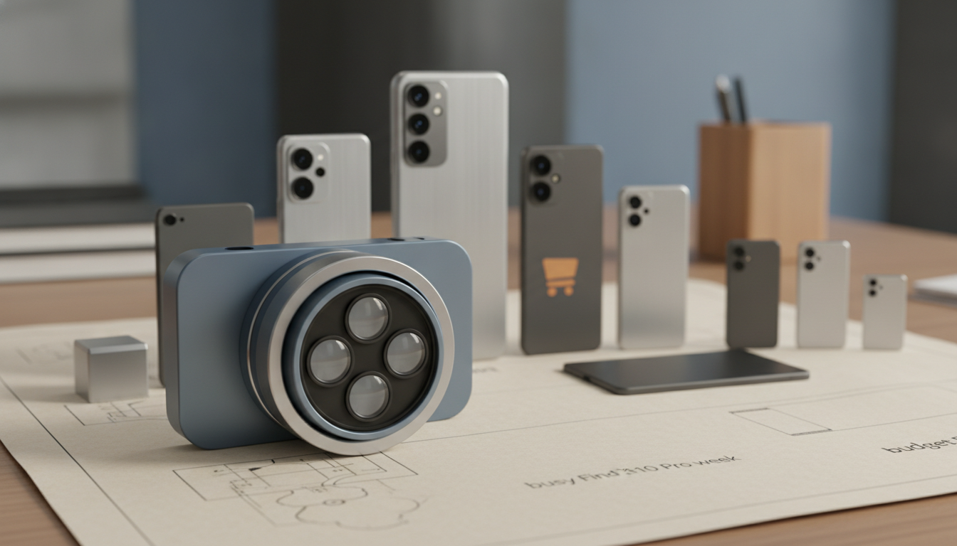Several smartphone-like devices stand behind a large camera module on a desk with technical drawings.