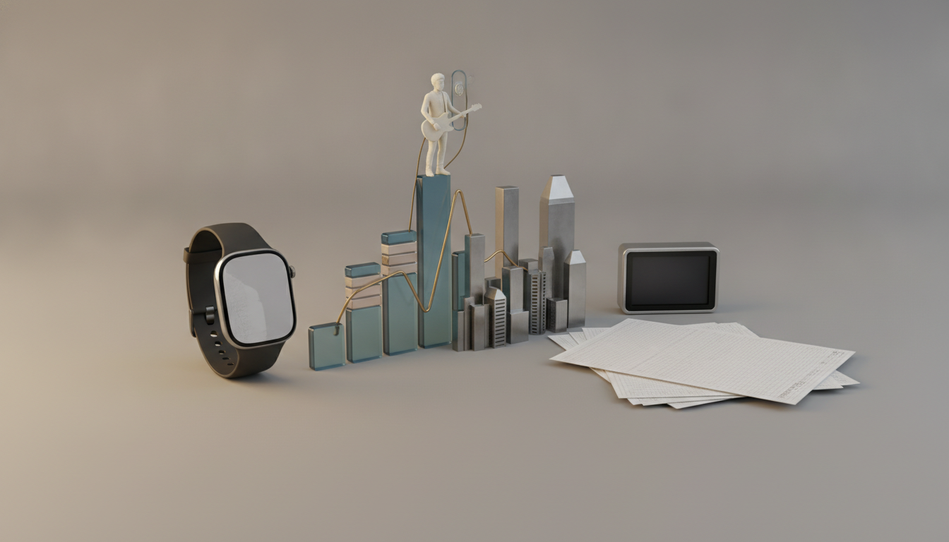 A smartwatch, stacked blocky buildings with a small figure holding a guitar on top, a small dark screen, and scattered papers on a gray surface.