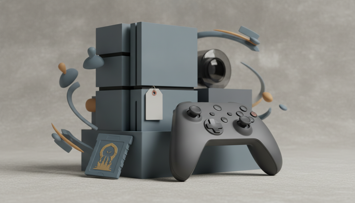 stacked gray blocks with a game controller, a hanging tag, and floating curved shapes