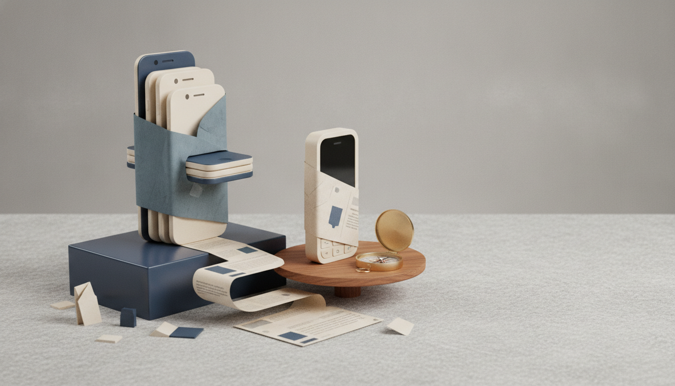 Two stacked smartphone shapes with paper wrapping, a phone on a wooden stand, and a small open gold case on a gray surface.