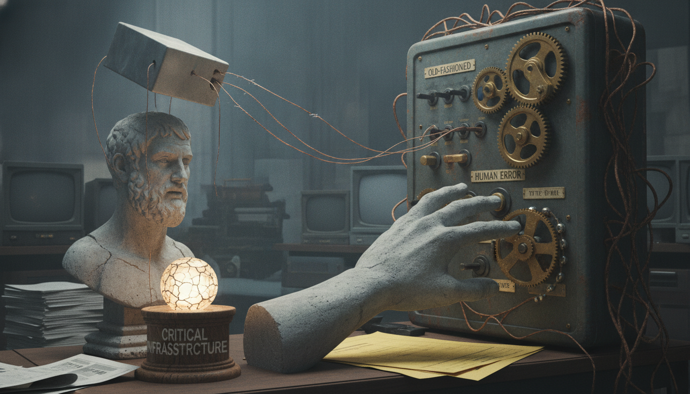 A stone bust, a large detached hand, and a gear-filled machine sit on a desk with glowing orb and scattered papers.