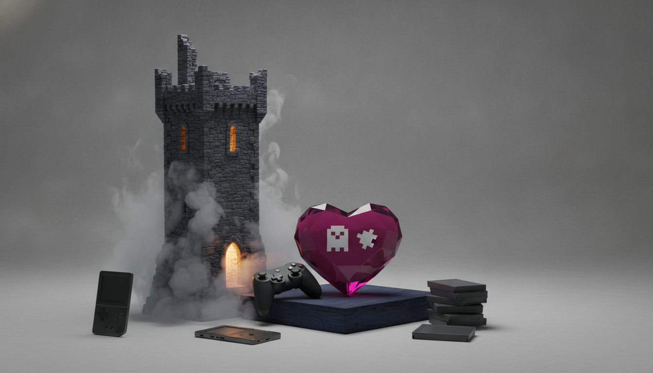 A stone tower with glowing windows and smoke stands beside a faceted pink heart on a dark platform, with a game controller and small devices nearby.