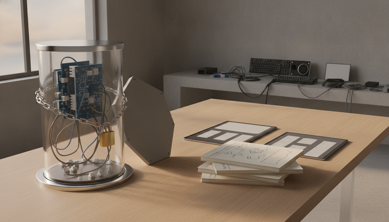 A wooden table holds a clear cylindrical device with wires, boards, and a padlock, beside stacked notebooks and two framed sheets.