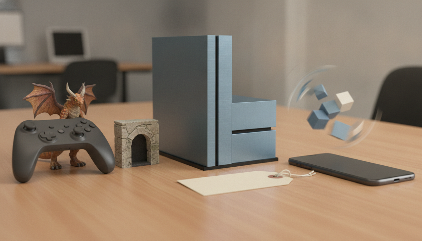 A tabletop with a game controller, small dragon figurine, stone arch, tall blue blocks, a hanging tag, a phone, and floating cubes.