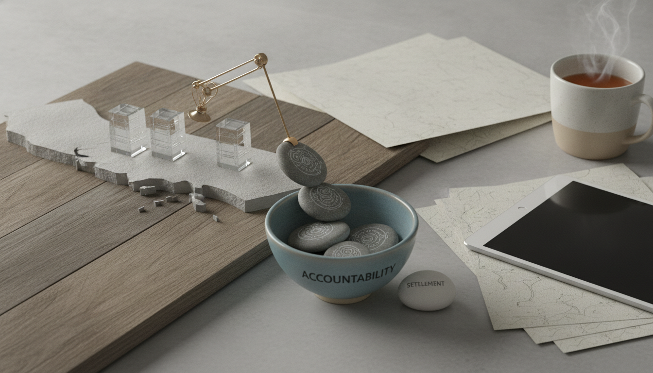 A tabletop scene with a cracked map, clear blocks, a balance arm, stacked stones in a bowl, a steaming mug, and a tablet.