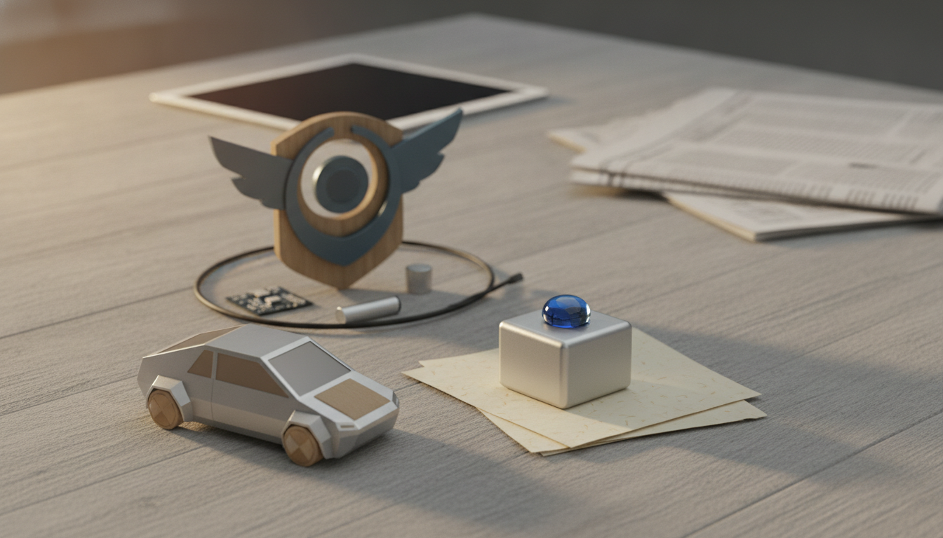 A small toy car, a square block with a blue dome, and a winged circular emblem sit on a table with papers and a tablet nearby.