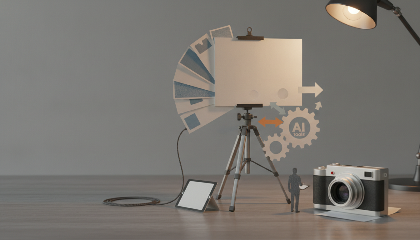 A tripod holds a blank board with fanned sample cards behind it, beside a camera, small figure, tablet, gears, arrows, and a desk lamp.